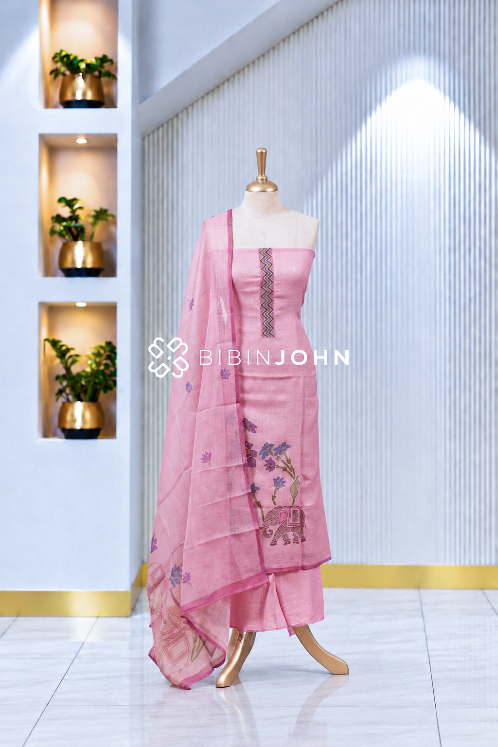 Printed Art Linen Unstitched Salwar Suit Material Baby Pink BJ1975
