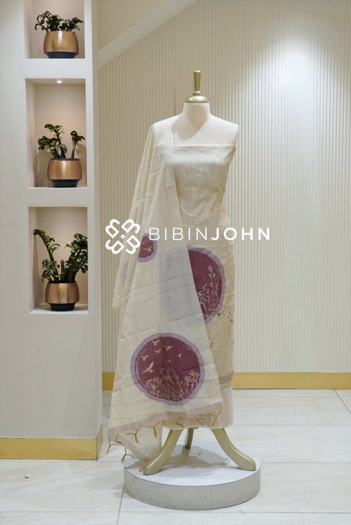 Chanderi Jamdani Unstitched Salwar Suit Material Ivory Cream BJ2521