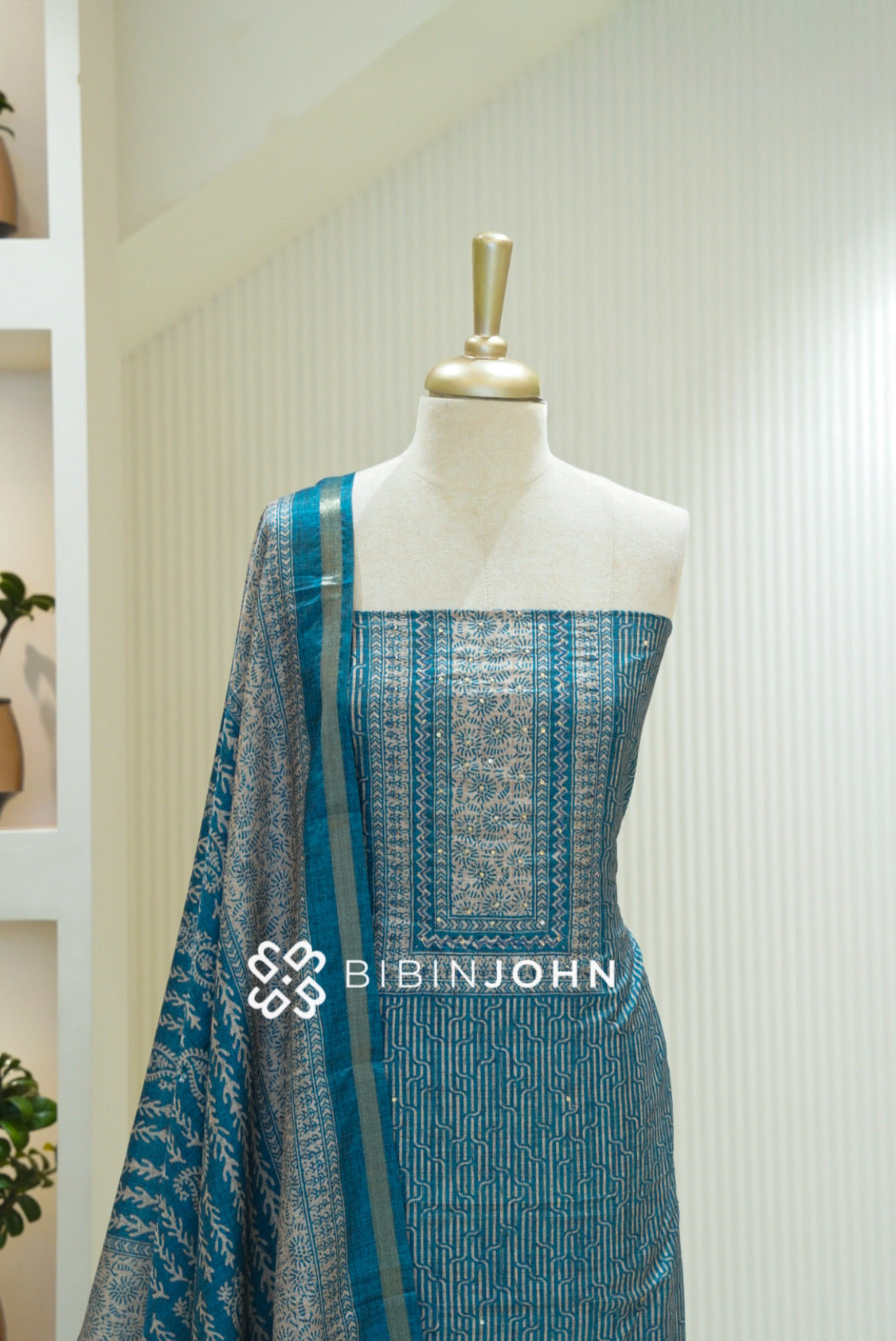 Printed Semi Silk Unstitched Salwar Suit Material Teal Blue BJ2360