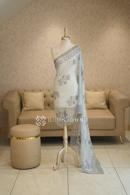 Cotton Cotta Dupatta For Women Ivory White With Powder Blue BJ2397