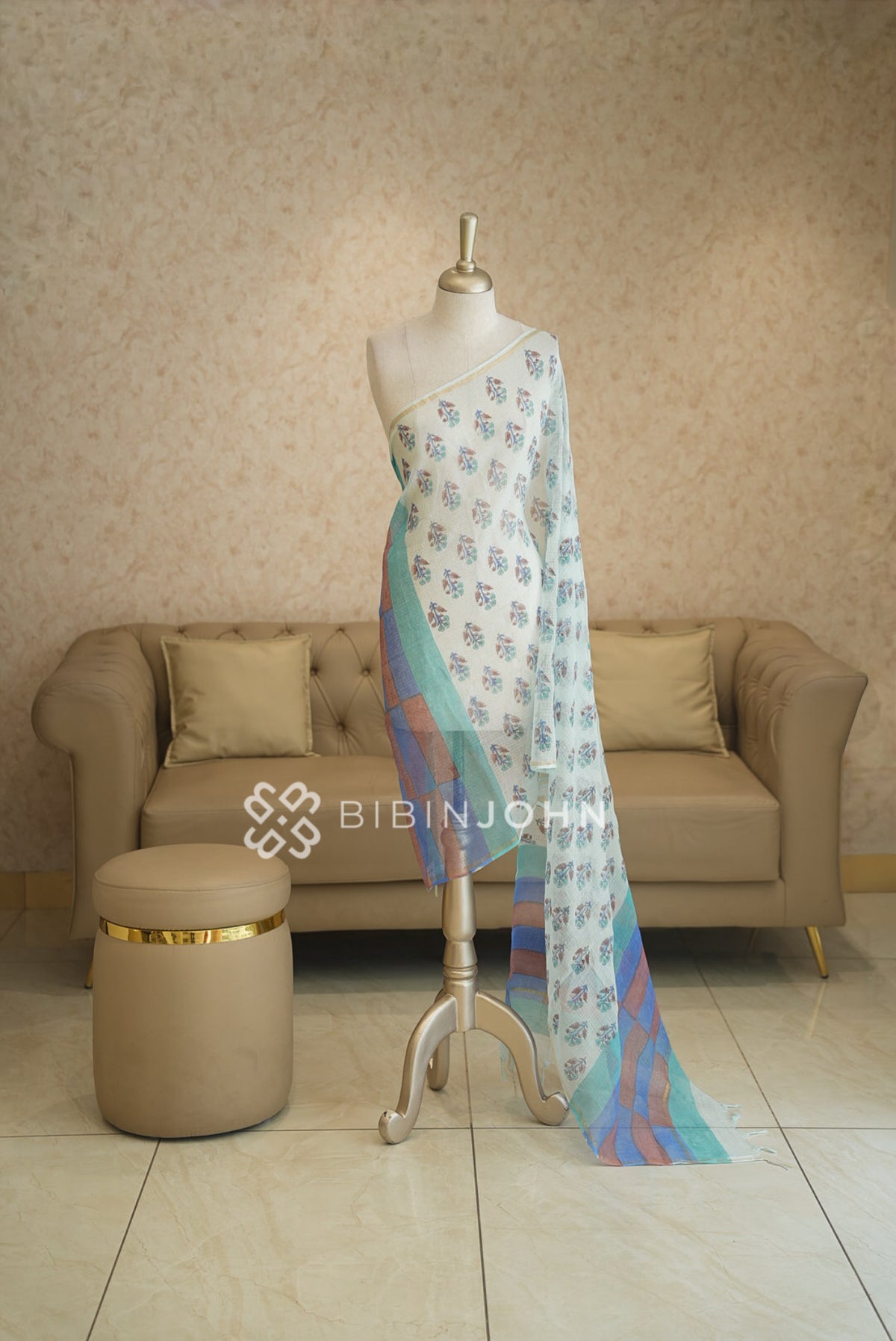 Cotton Cotta Dupatta For Women Ivory White With Pastel Turquoise BJ2396