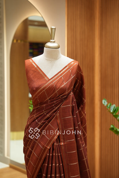Semi Tussar Weaving Saree For Women Rust Brown BJ2330