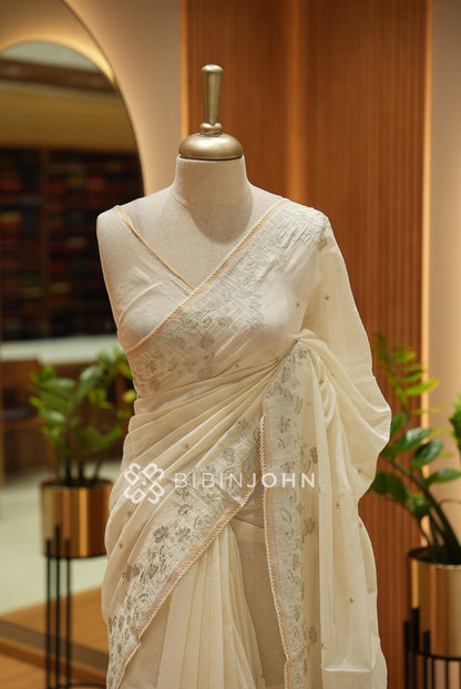 Chanderi Embroidery Saree For Women Ivory Cream BJ2663