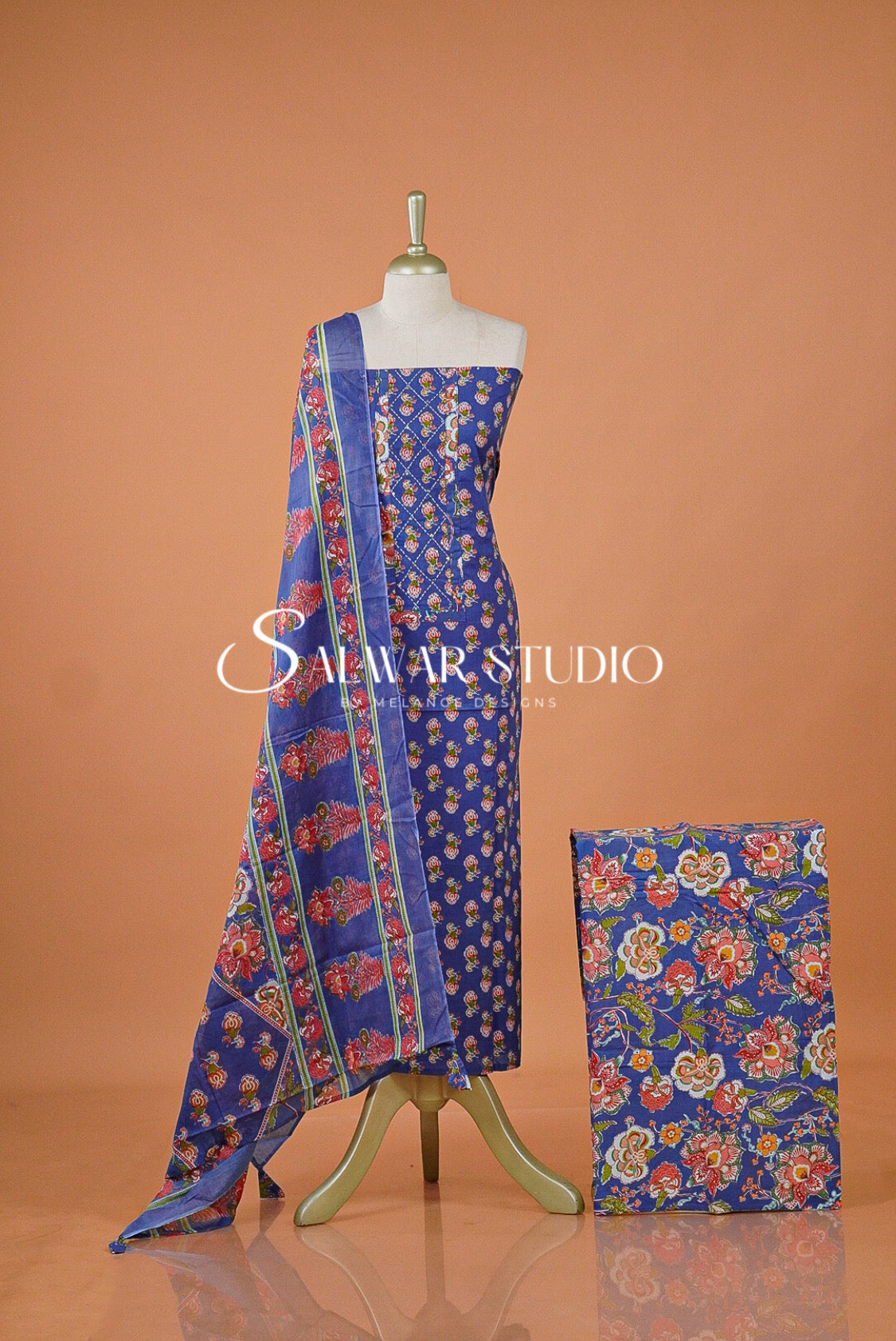 Printed Cotton Unstitched Salwar Suit Dress Material Royal Blue AC0166