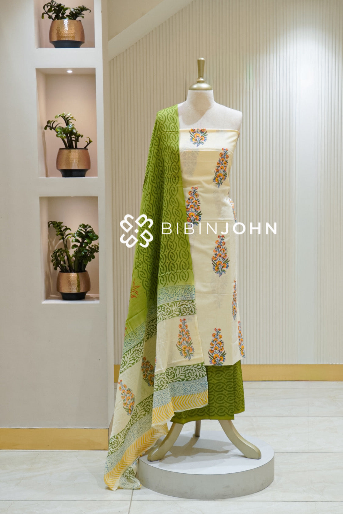 Printed Cotton Unstitched Salwar Suit Material Ivory Cream With Parrot Green BJ2817