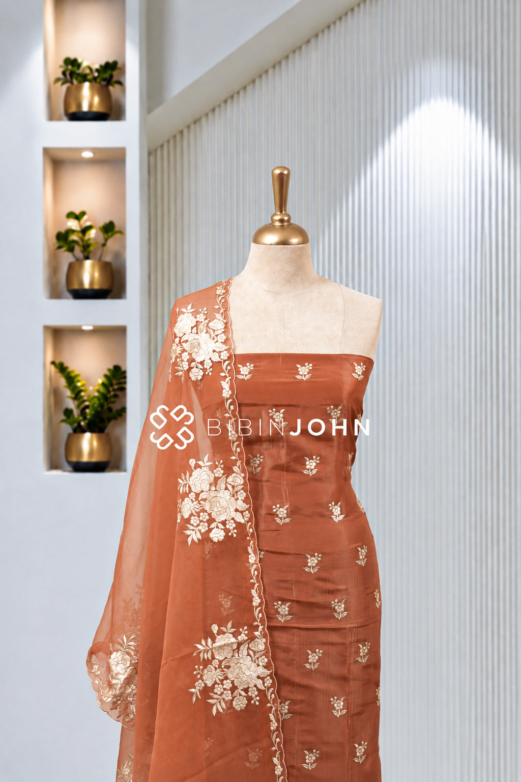 Tissue Organza  Embroidery Unstitched Salwar Suit Material Terracotta Brown BJ1963