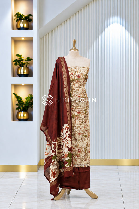 Printed Silk Unstitched Salwar Suit Material Beige With Maroon BJ1988