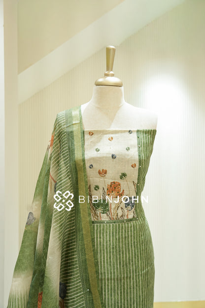 Semi Silk Embroidery Unstitched Salwar Suit Material Olive Green BJ2229