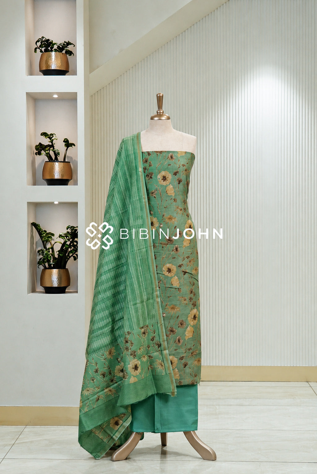 Printed Chanderi Unstitched Salwar Suit Material Muted Jade Green BJ1799