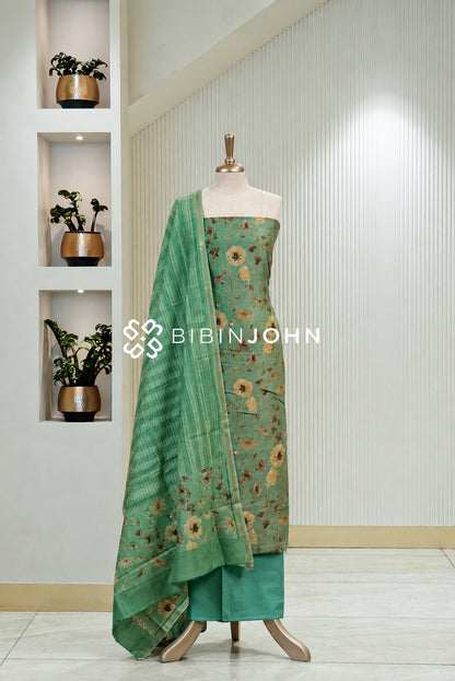 Printed Chanderi Unstitched Salwar Suit Material Muted Jade Green BJ1799
