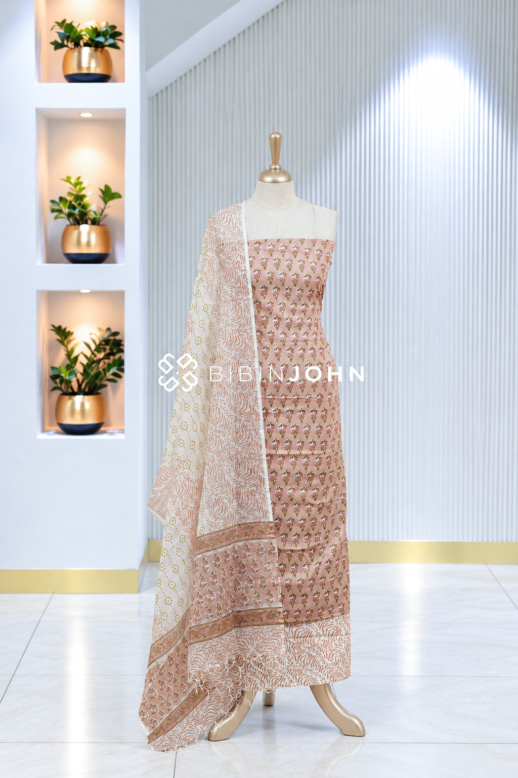 Printed Cotton Unstitched Salwar Suit Material Dusty Peach Pink BJ1929