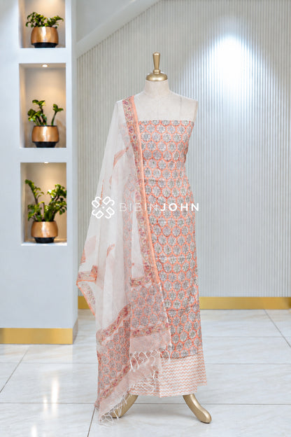 Printed Cotton Unstitched Salwar Suit Material Peach Orange BJ2051