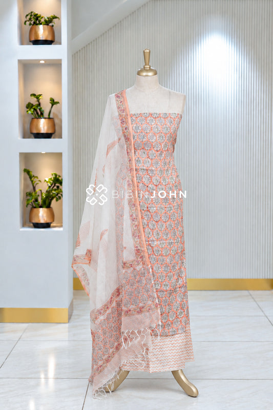 Printed Cotton Unstitched Salwar Suit Material Peach Orange BJ2051