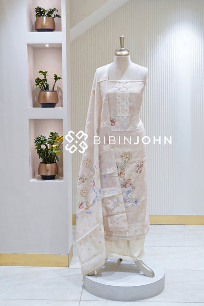Silk Embroidery Unstitched Salwar Suit Material Off White BJ1715