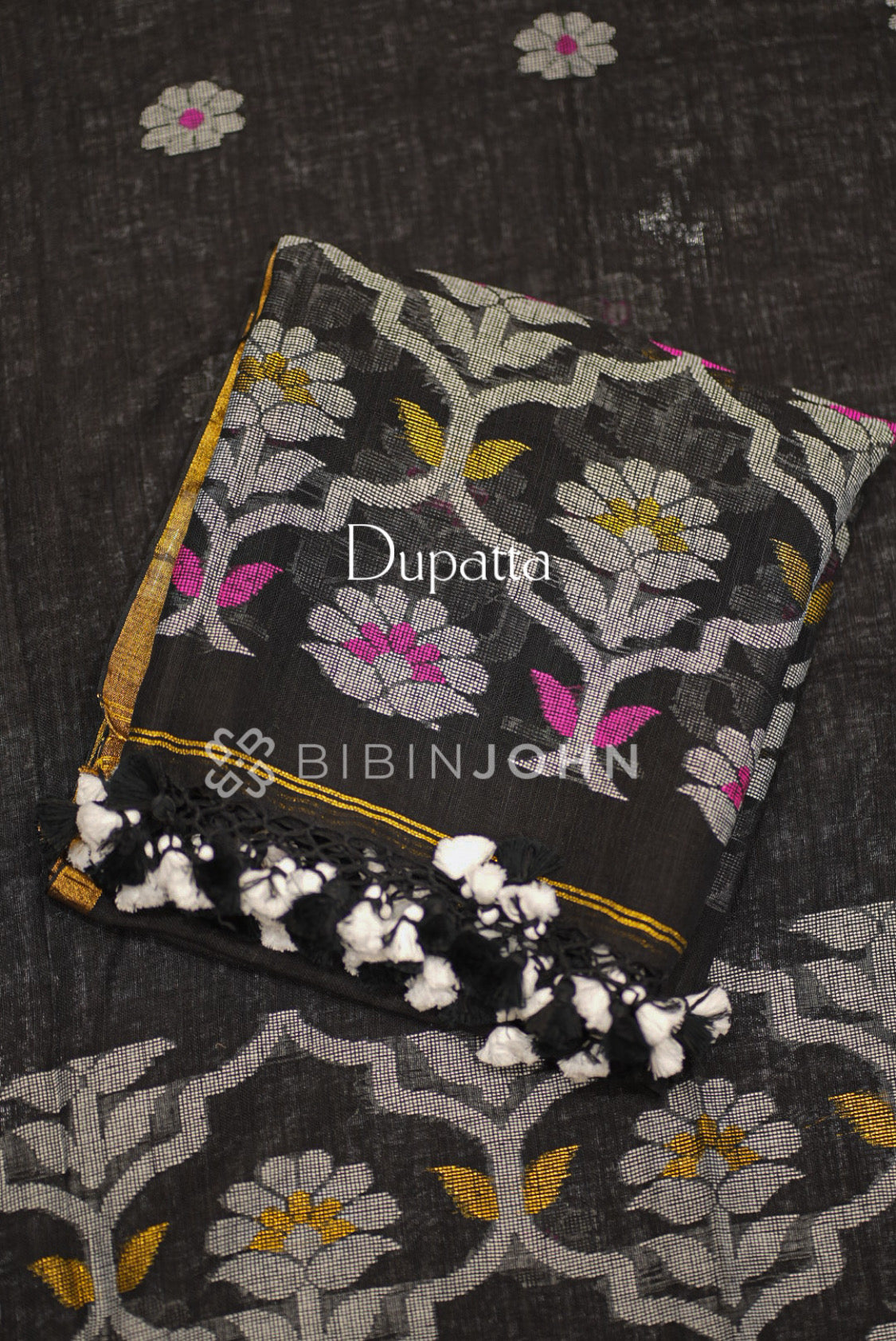 Printed Linen Jamdani Unstitched Salwar Suit Material Black BJ0842