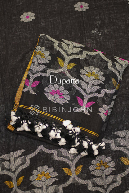 Printed Linen Jamdani Unstitched Salwar Suit Material Black BJ0842