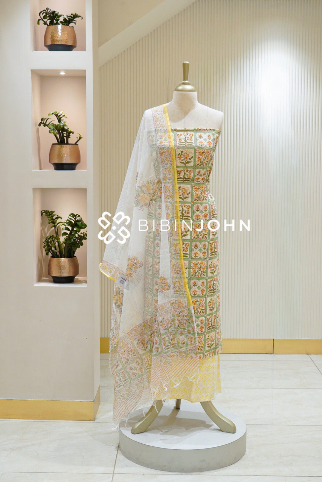 Printed Cotton Unstitched Salwar Suit Material Off White With Mustard Yellow BJ2831