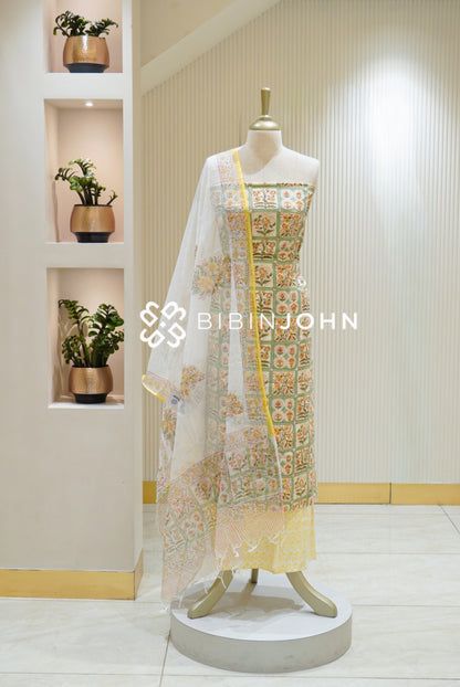 Printed Cotton Unstitched Salwar Suit Material Off White With Mustard Yellow BJ2831
