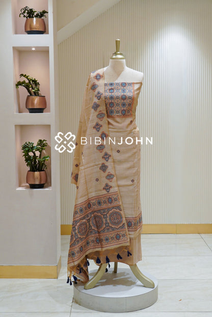 Printed Semi Silk Unstitched Salwar Suit Material Champagne Beige With Teal Blue BJ2759