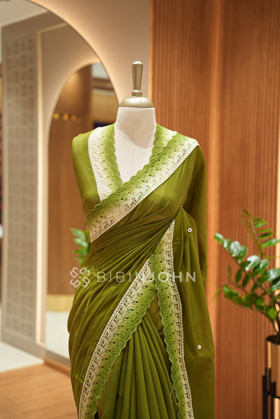 Chanderi Lace Border Saree For Women Olive Green BJ0840