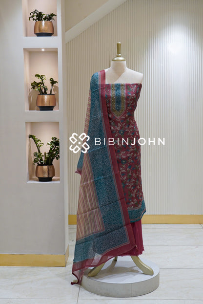 Semi Silk Embroidery Unstitched Salwar Suit Material Deep Rose Pink BJ2531