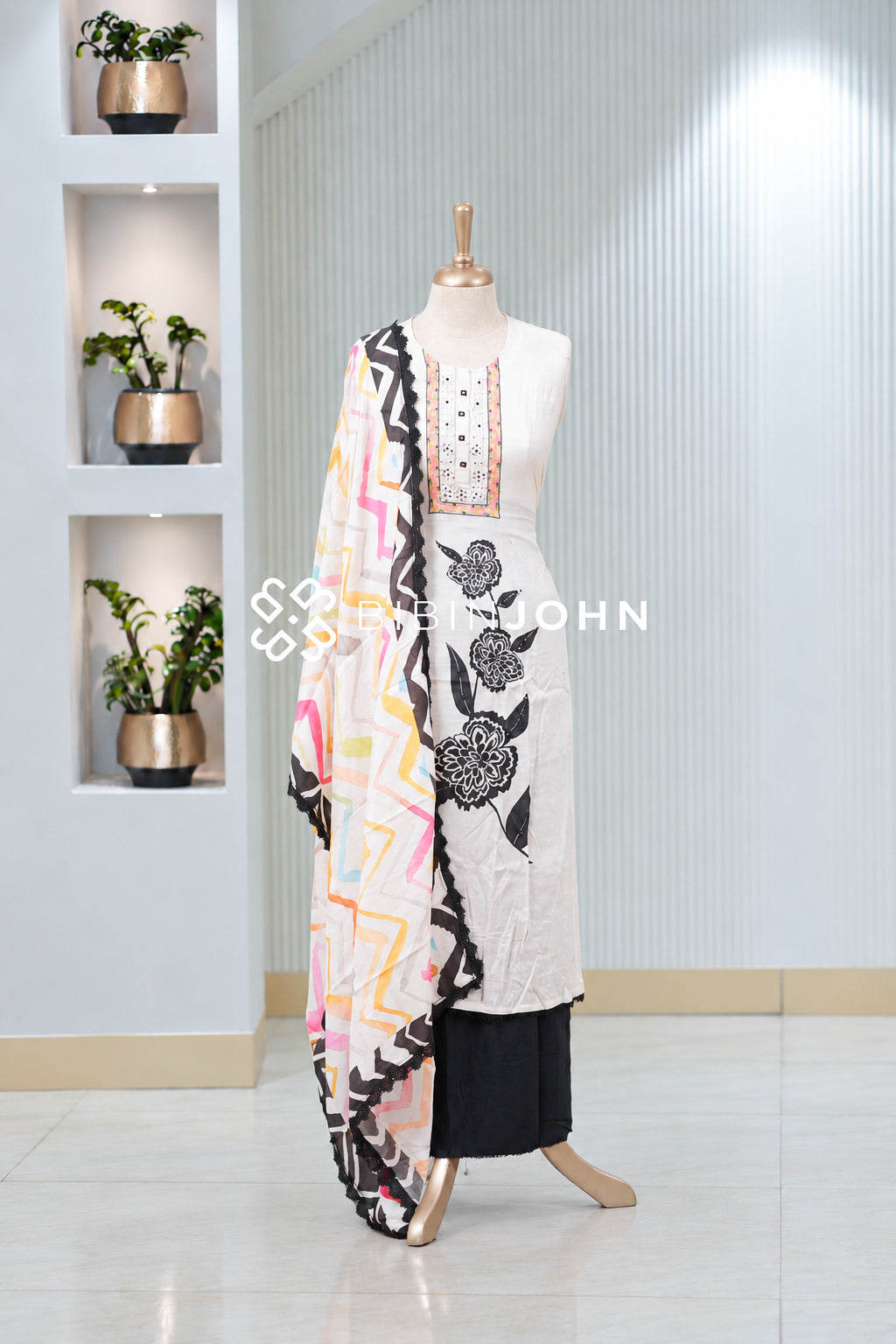 Semi stitched Muslin Salwar Suit Material  Ivory White With Black BJ2022