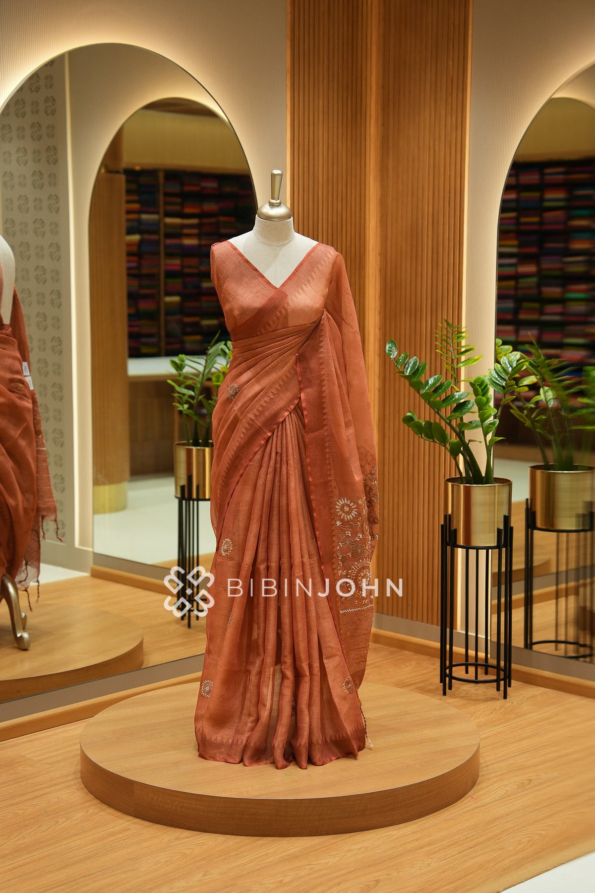 Tissue Linen Embroidery Saree For Women Terracotta Rust BJ2438