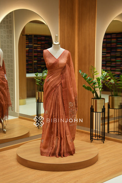 Tissue Linen Embroidery Saree For Women Terracotta Rust BJ2438