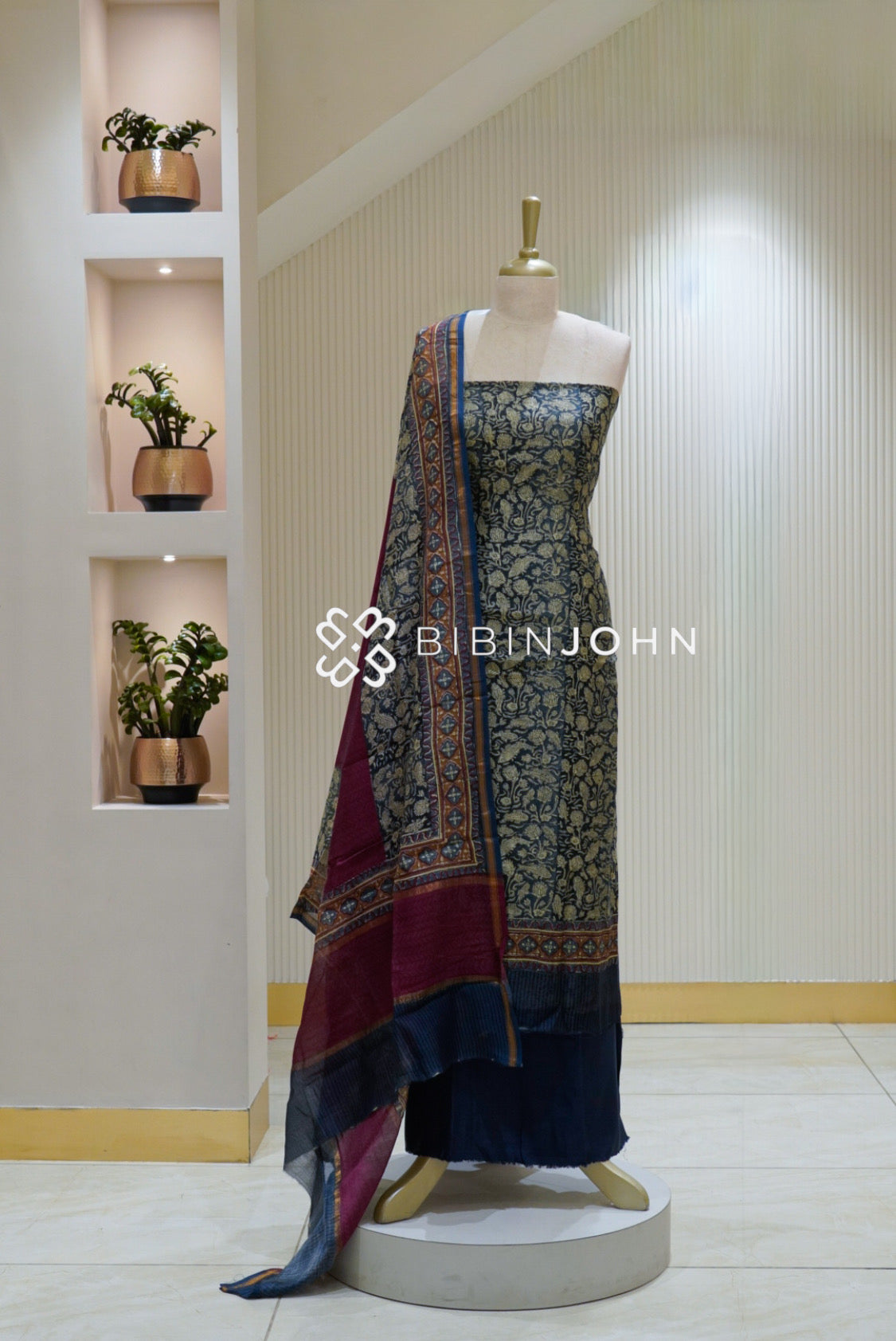 Printed Chanderi Unstitched Salwar Suit Material Navy Blue BJ2231