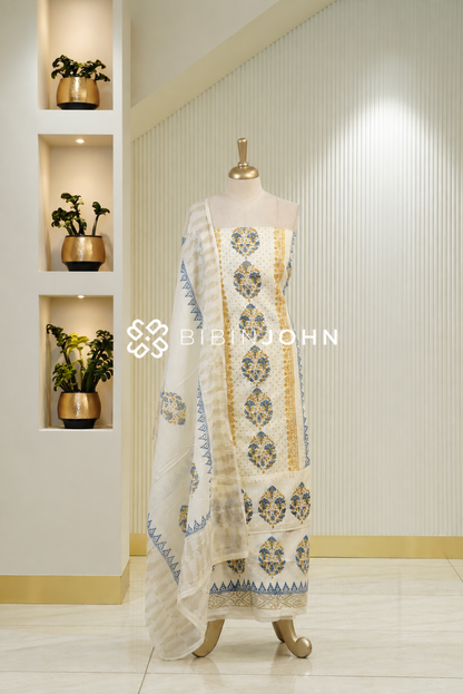 Cotton Hakoba Unstitched Salwar Suit Material Off White BJ1789