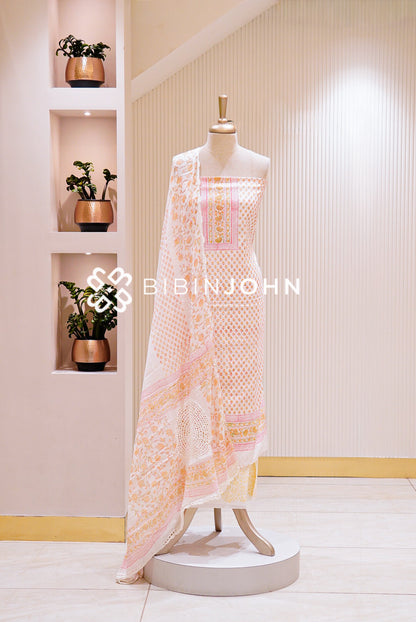 Printed Cotton Unstitched Salwar Suit Material White BJ1117