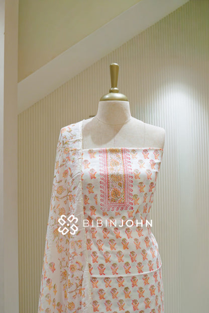 Printed Cotton Unstitched Salwar Suit Material Off White With Peach Pink BJ2816