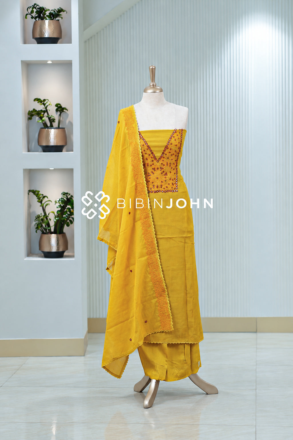 Chanderi Embroidery Unstitched Salwar Suit Material Golden Yellow BJ2020