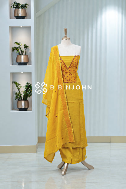 Chanderi Embroidery Unstitched Salwar Suit Material Golden Yellow BJ2020