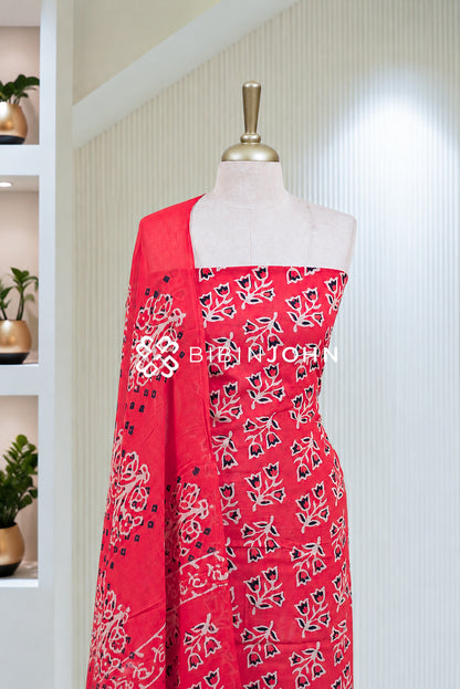 Printed Cotton Unstitched Salwar Suit Material Bright Red BJ1846