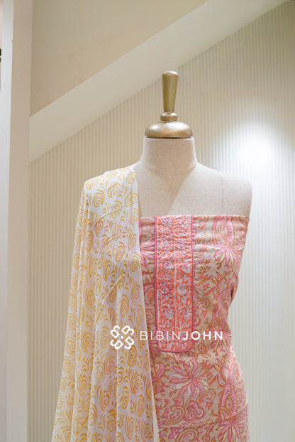 Cotton Embroidery Unstitched Salwar Suit Material Pastel Peach Pink BJ2735