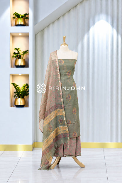 Printed Cotta Unstitched Salwar Suit Material Sage Olive Green BJ1978