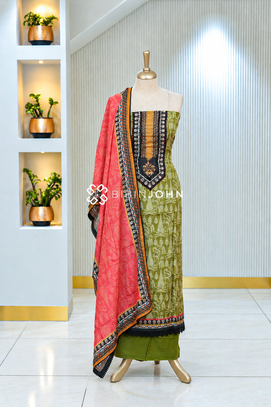 Muslin Embroidery Unstitched Salwar Suit Material Olive Green BJ2060