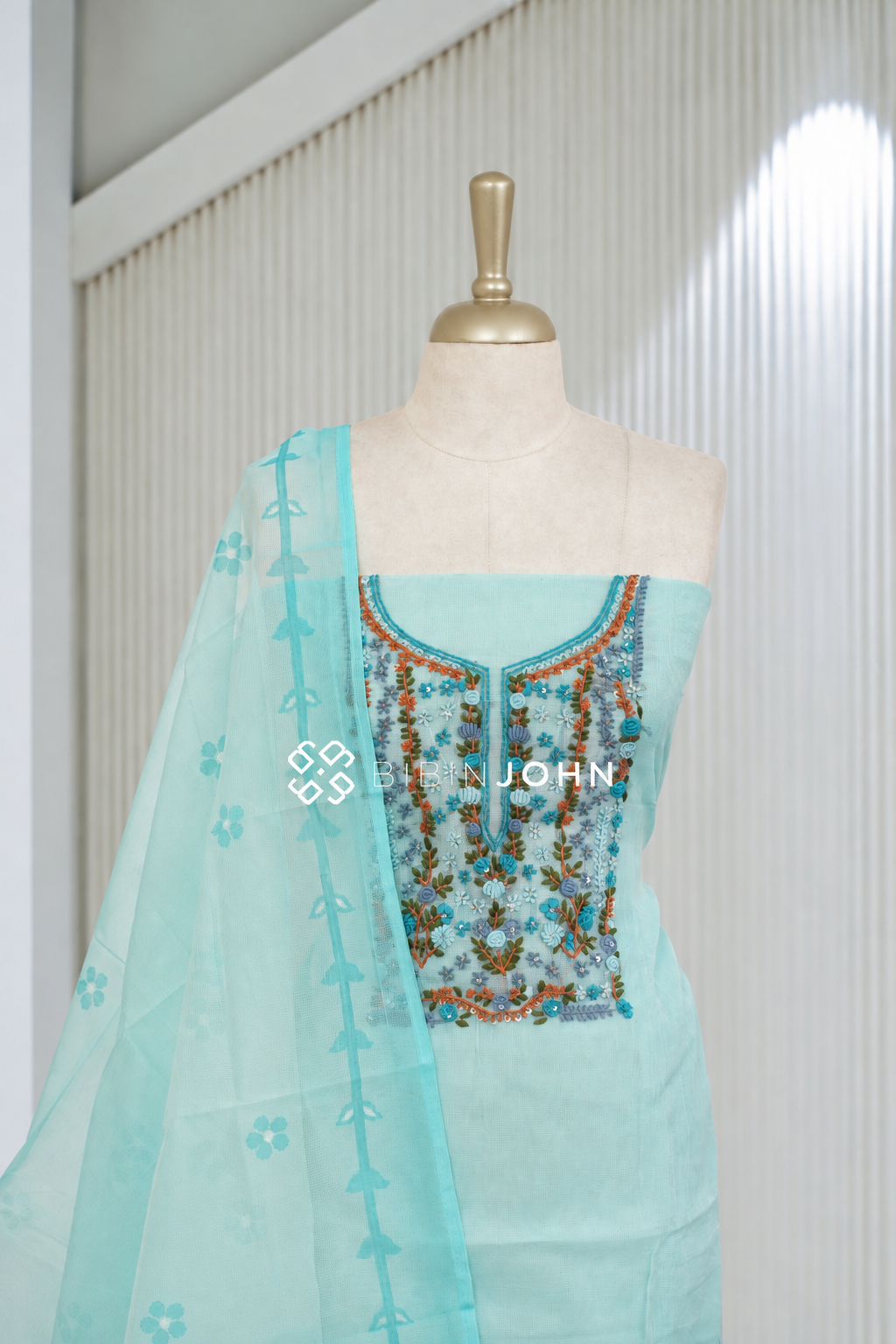 Cotta Embroidery Unstitched Salwar Suit Material Pastel Aqua Blue BJ2069