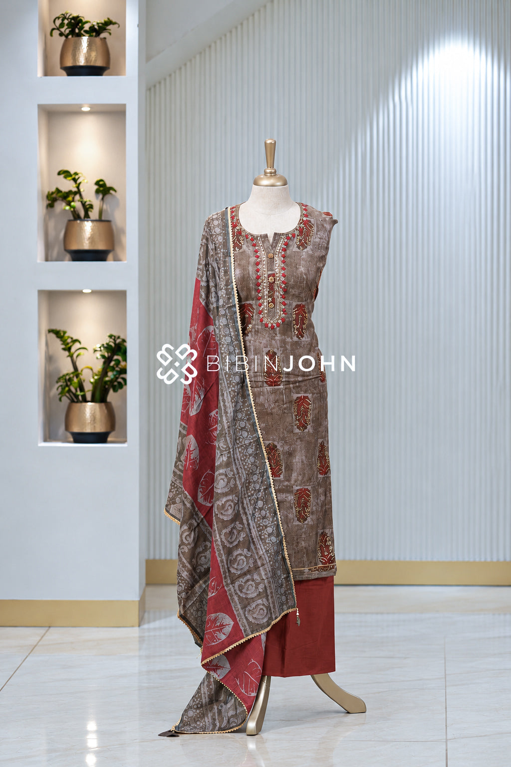 Semi Stitched Muslin Embroidery Salwar Suit Material Taupe Brown BJ2033