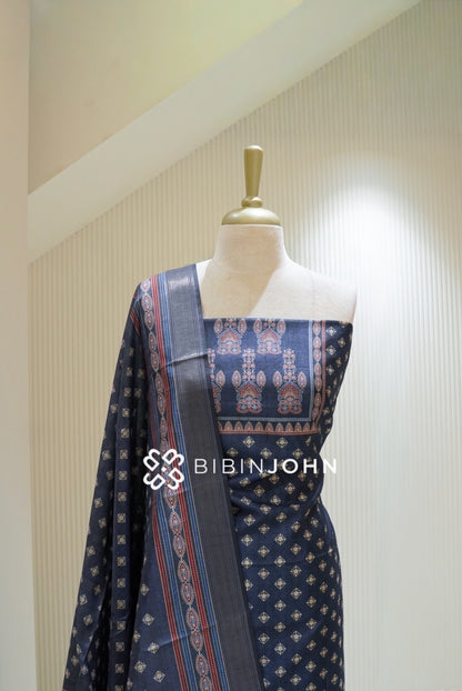 Printed Chanderi Unstitched Salwar Suit Material Navy Blue BJ2840