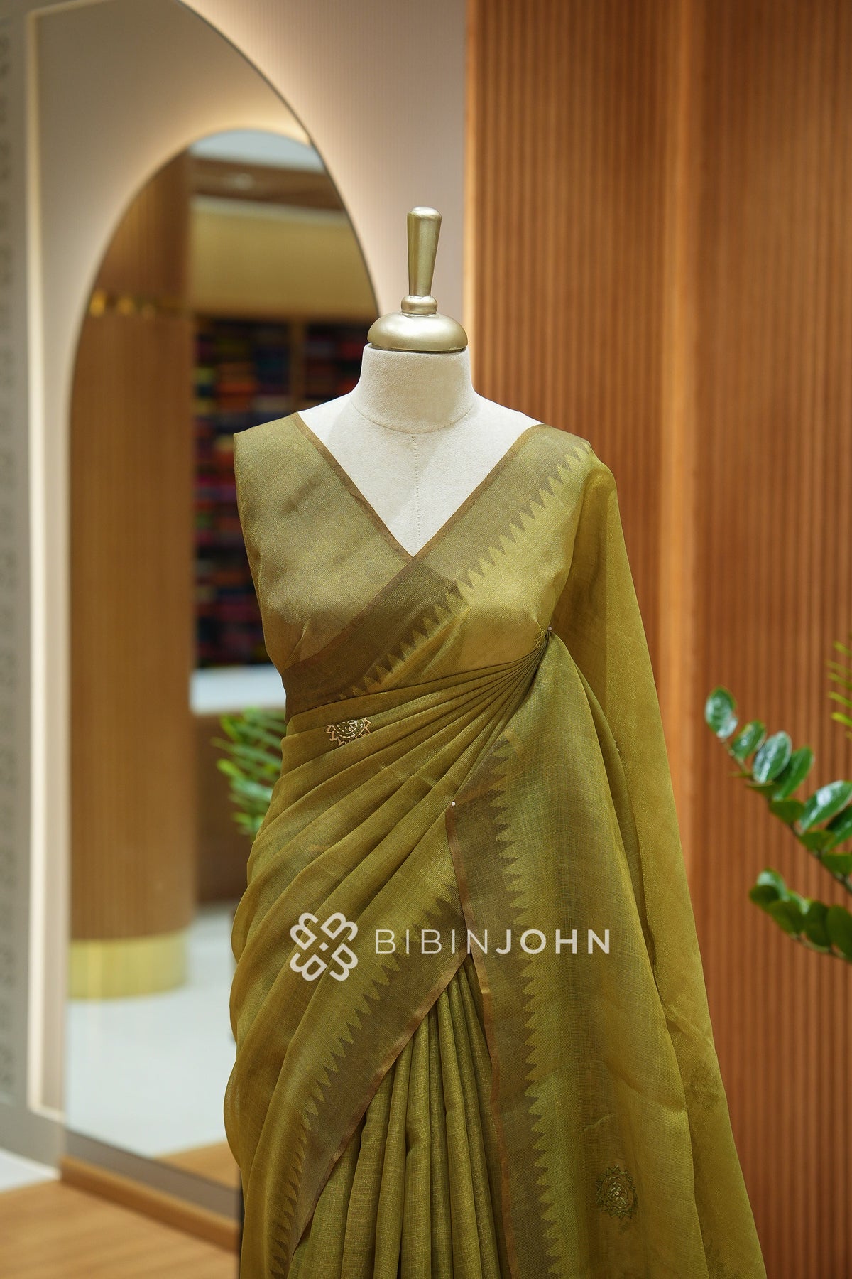 Tissue Linen Embroidery Saree For Women Antique Olive Green BJ2437