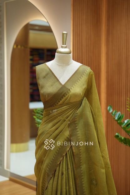Tissue Linen Embroidery Saree For Women Antique Olive Green BJ2437