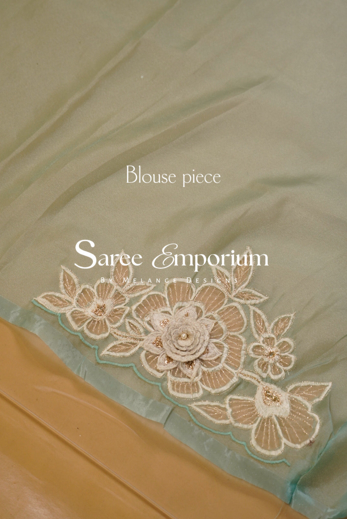 Tissue Organza Applique Saree For Women Aqua Blue Blouse Piece.