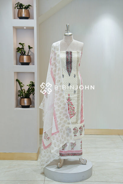 Cotton Hakoba Unstitched Salwar Suit Material Ivory White BJ2287
