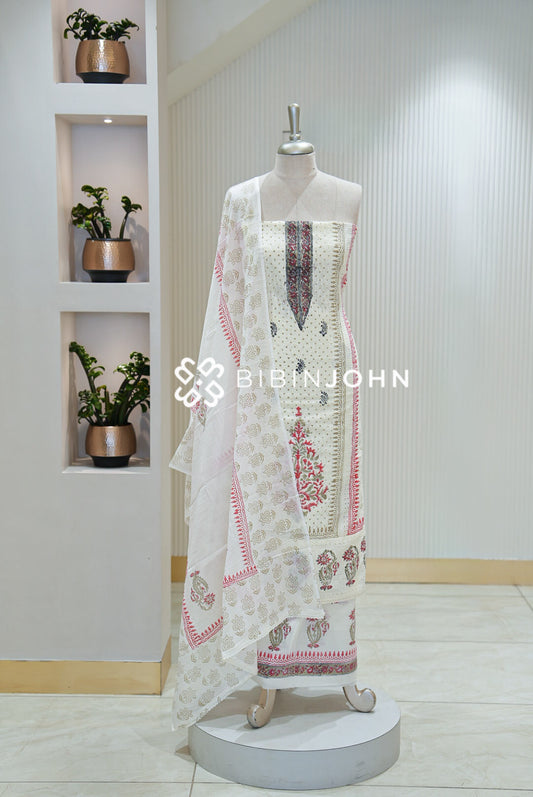 Cotton Hakoba Unstitched Salwar Suit Material Ivory White BJ2287