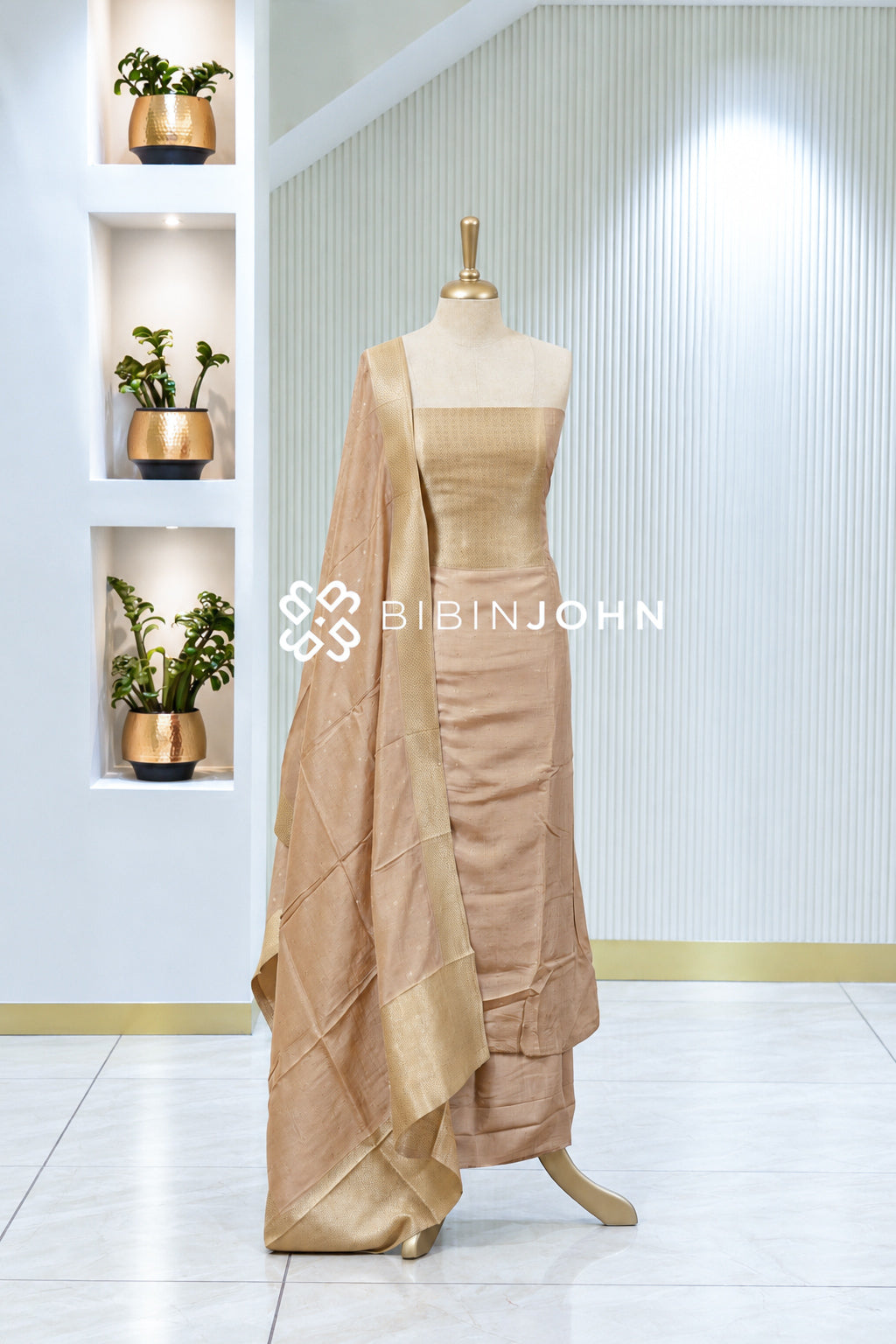 Silk Banarasi Unstitched Salwar Suit Material  Peach Beige BJ2006