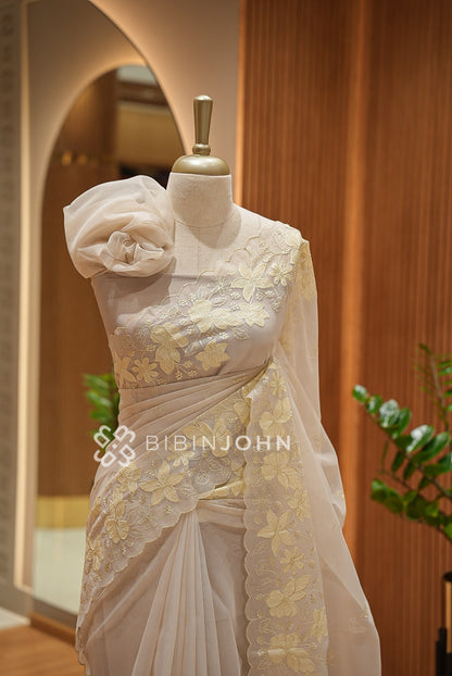 Organza Embroidery Saree Ivory Beige BJ1024