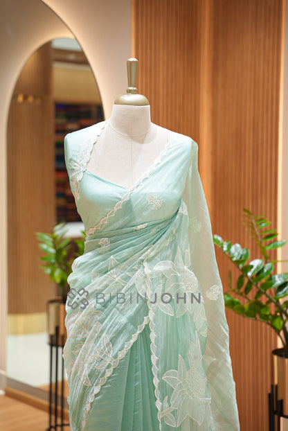 Tissue Organza Applique Saree For Women Mint Green BJ0838