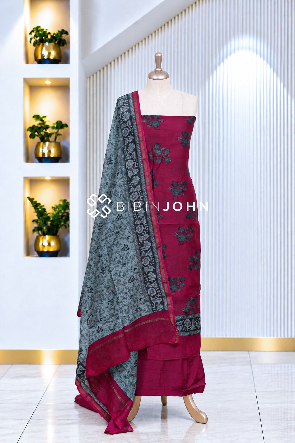 Printed Chanderi Unstitched Salwar Suit Material Deep Magenta Pink BJ2080